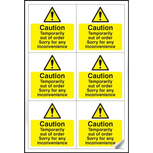 Caution - Temporarily Out of Order Labels (Sheet of 6)