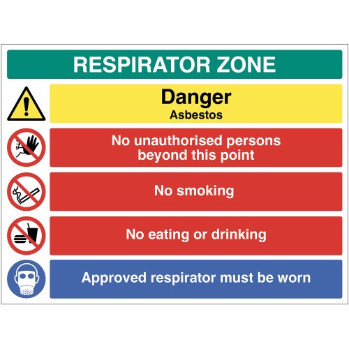 Respirator Zone - Danger - Asbestos - No Unauthorised Persons - No Smoking - Eating or Drinking