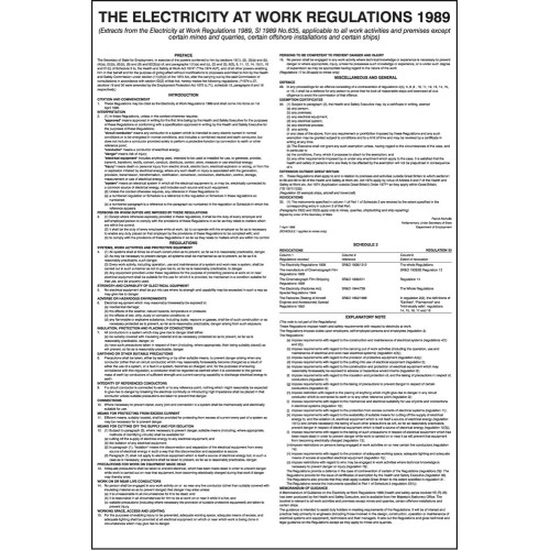 Electricity At Work Regulations 1989 - Poster