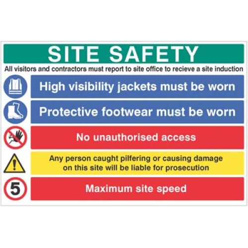 Site Safety - Report to Office - Hi Vis - Footwear - No Access - Liable for Prosecution - 5mph - Multi-Message Site Safety Board